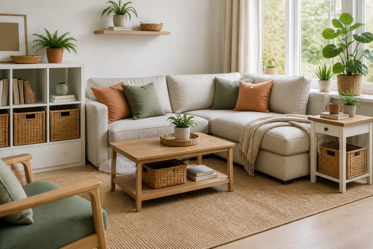 A bright, organized living room with practical storage baskets and indoor plants