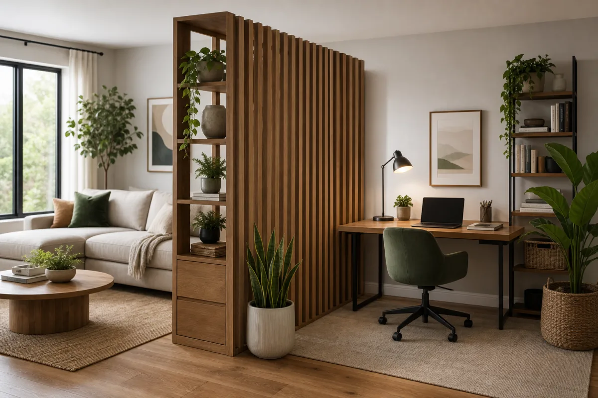 Illustration related to Room Divider Ideas for Creating a Home Office in a Living Room